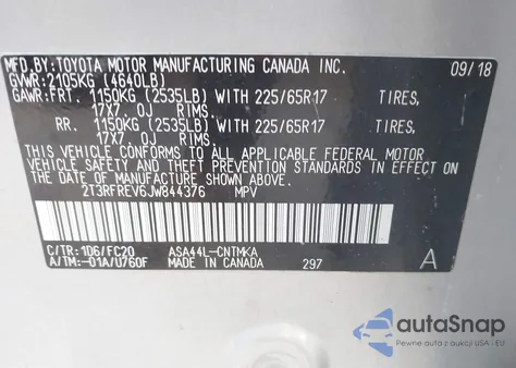 2018 Toyota Rav4 Xle z USA, uszkodzony, nr VIN 2T3RFREV6JW844376